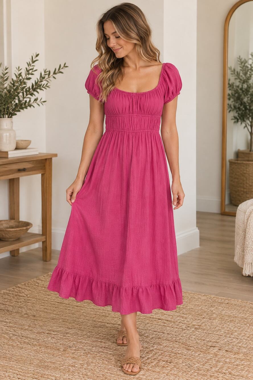 Sim & Sam Pink Smocked Milkmaid Midi Dress Cotton Gauze Puff Sleeve Boho Size M
